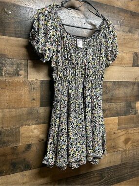 NOBO Black Floral Puff Sleeve Dress with Pink & Yellow Flowers